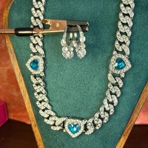 Elegant Silver and Blue Heart Necklace and Earring Set